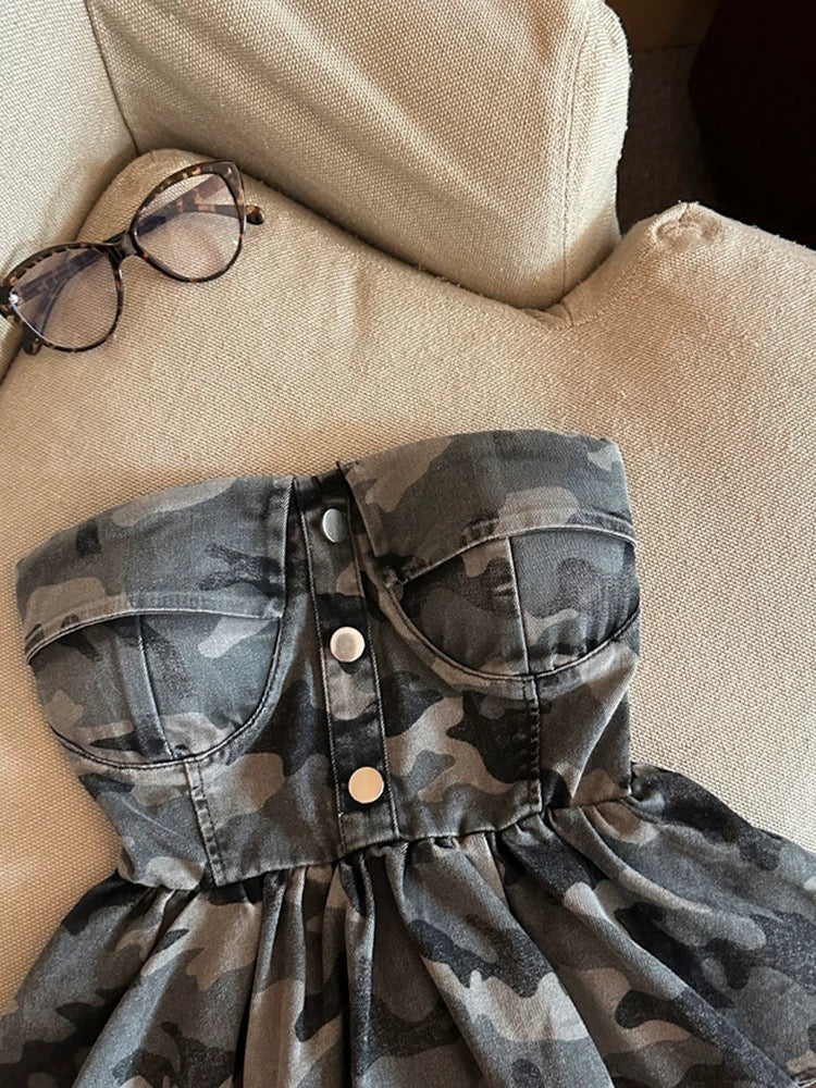Jade Closet direct store recommendation ~ High-end pure desire style with chest pad camouflage tube top denim short vest for women