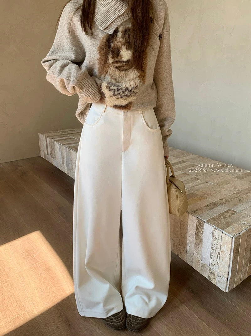 PPHOME Retro Khaki Woolen Casual Pants Women's Autumn and Winter Suit Pants High Waist Loose Wide Leg Pants Straight Leg Long Pants