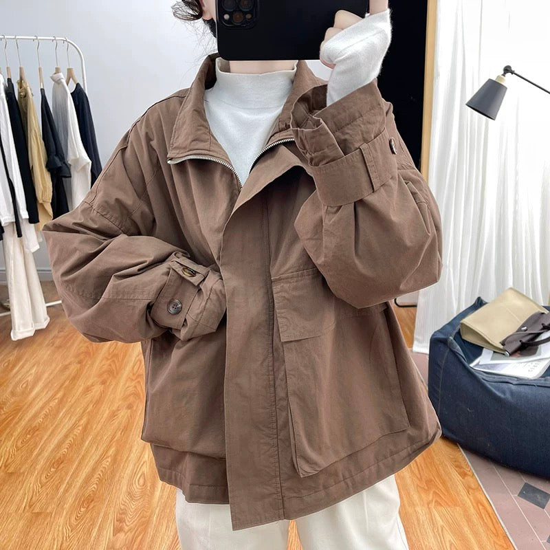 Winter Korean style quilted thickened jacket women's fashion short windbreaker 2023 retro loose stand collar large pocket top
