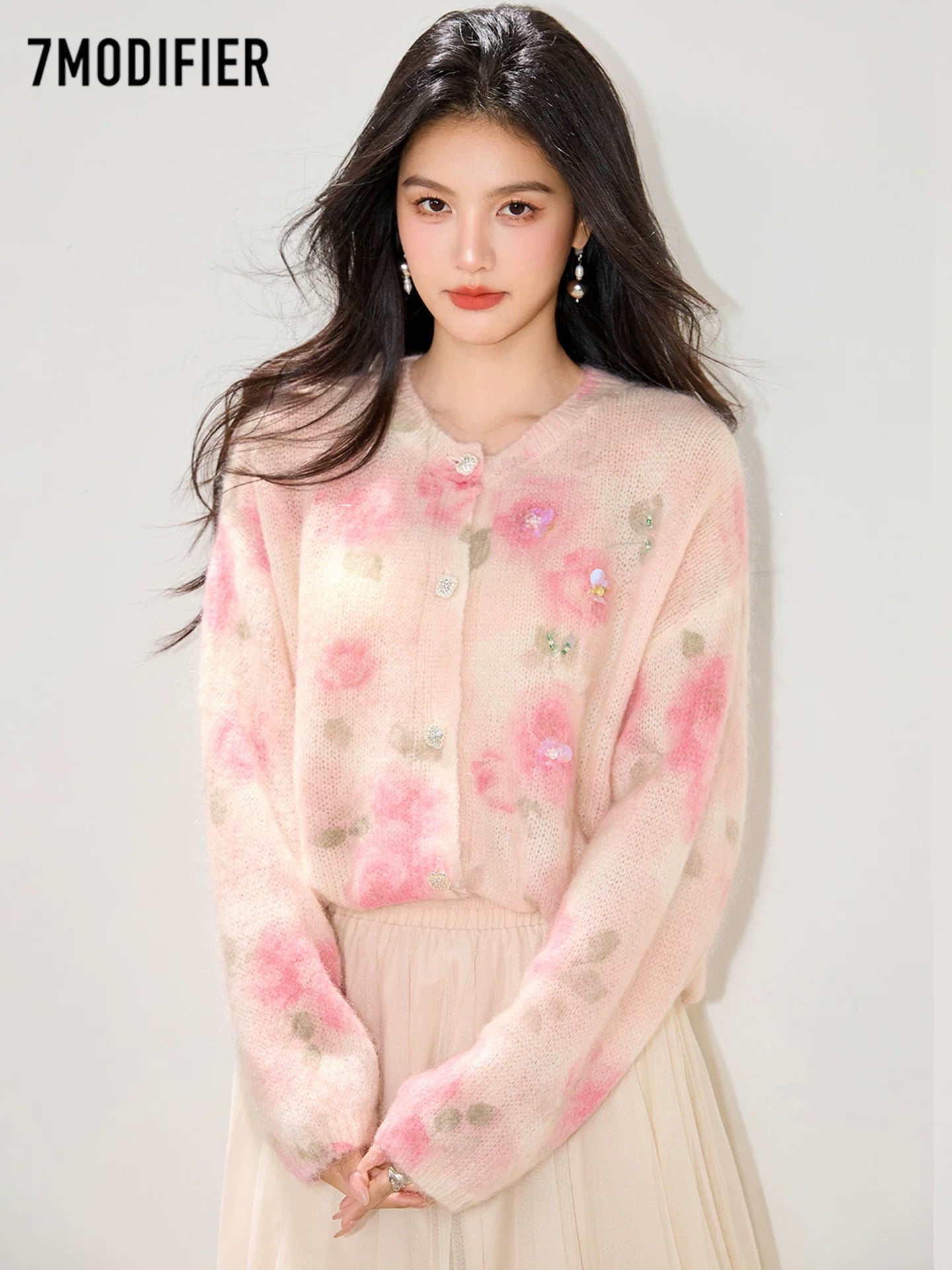 La Chapelle 7M2025 Autumn Blended Sequins Sweet Lazy Style Cardigan Jacket Top Fashion Sweater
