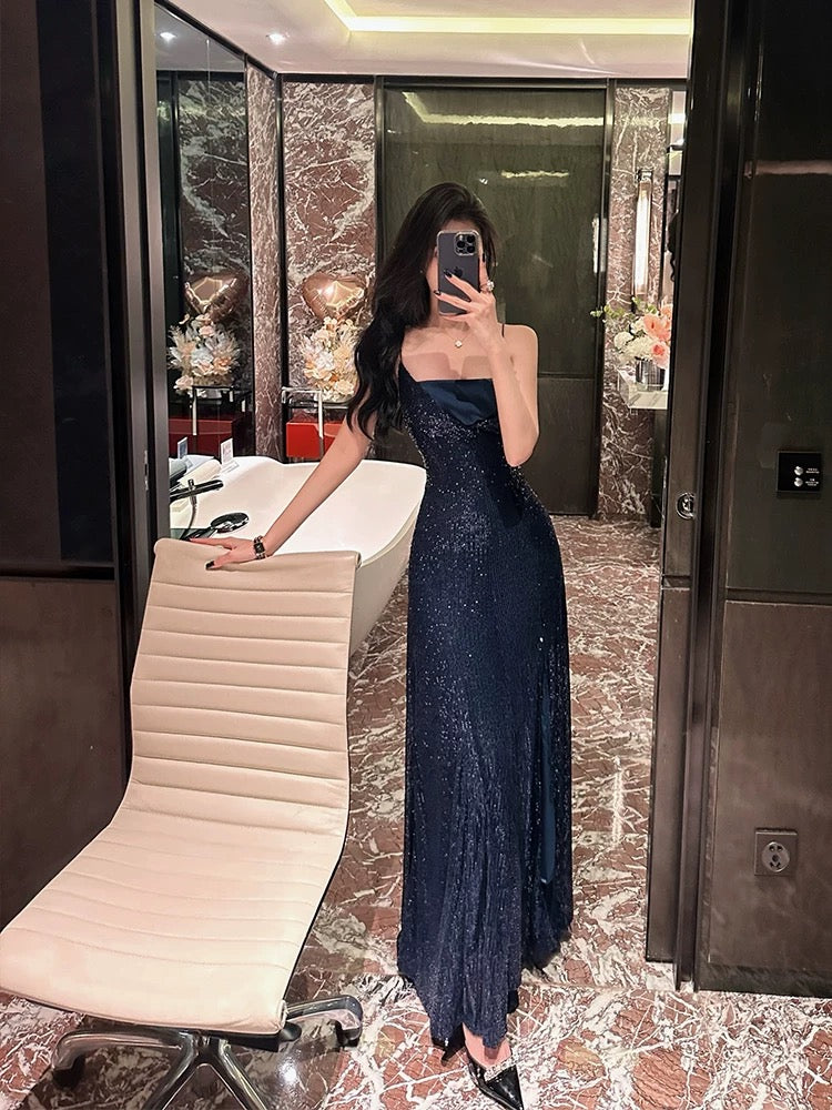 BETTER LS high-end light luxury niche heavy industry sequin ladylike temperament suspender dress dress long skirt women's clothing