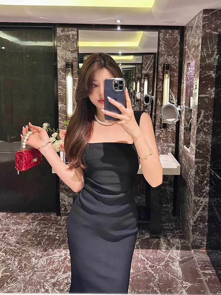 BETTER LS high-end black slimming suspender dress women's new French style slim hip-covering long skirt