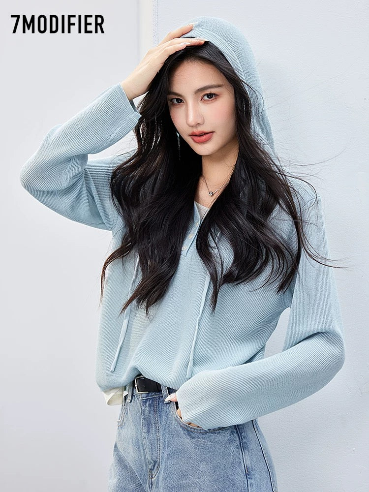 La Chapelle 7M2025 autumn new style casual versatile lace-up hooded collar loose long-sleeved temperament sweater