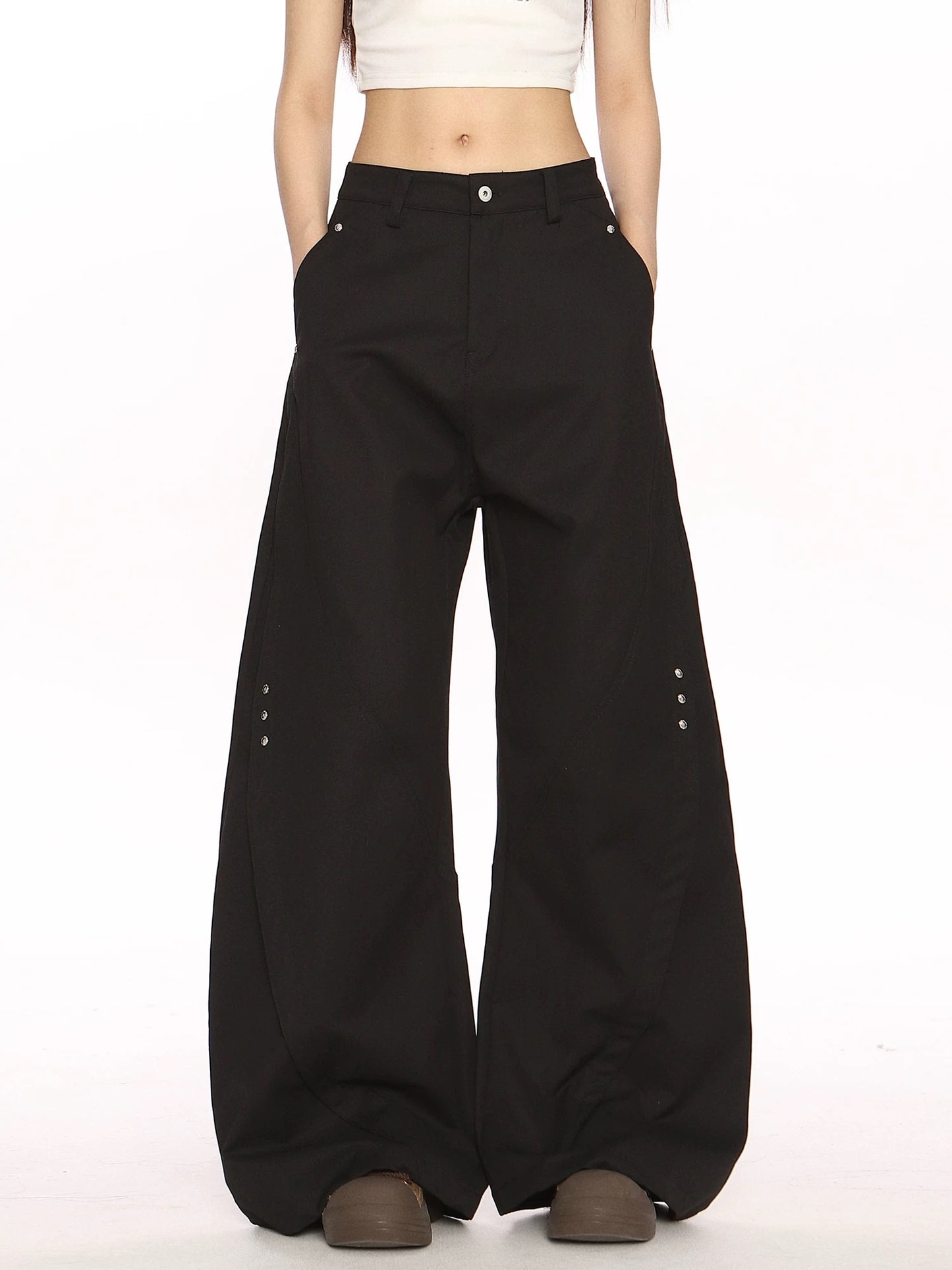 BIGGOLD black deconstructed scimitar pants casual trousers women's niche design advanced wide-leg mopping trousers trend