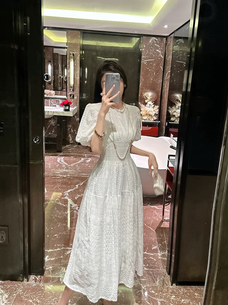 BETTER LS high-end temperament puff sleeve white dress waist French tea break dress mid-length dress for women summer