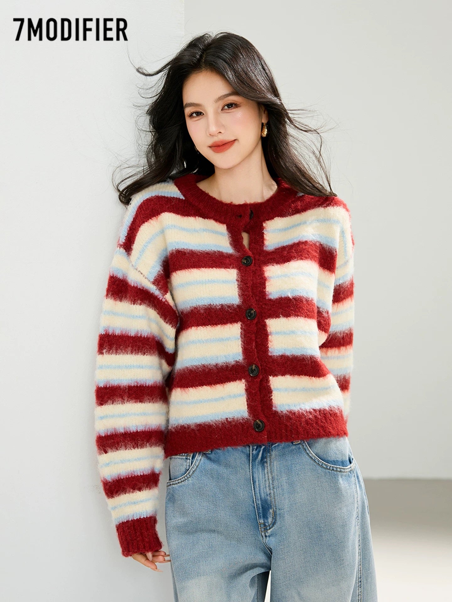 La Chapelle 7M2025 autumn fashion all-match striped single-breasted slim temperament long-sleeved sweater top for women