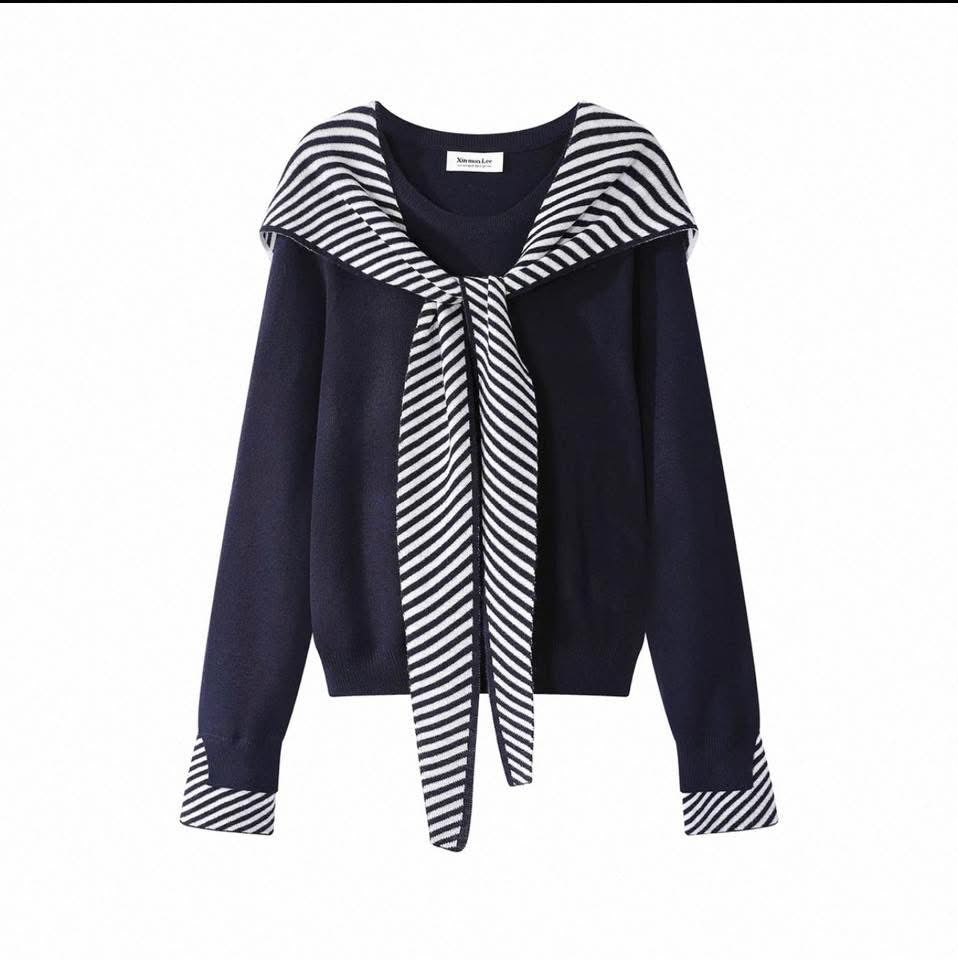 Preppy striped shawl long-sleeved knitwear set for women, autumn 2025 new style, versatile, casual, slimming top.