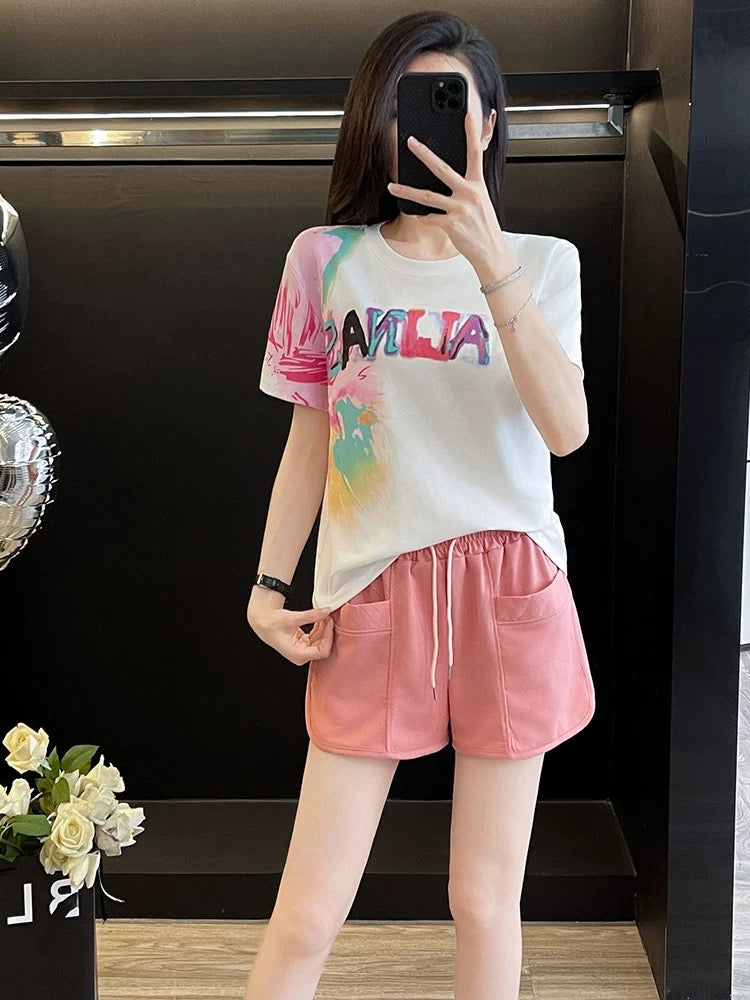 Brand European station white short-sleeved T-shirt pink shorts casual sports two-piece suit female outfit a complete set of summer