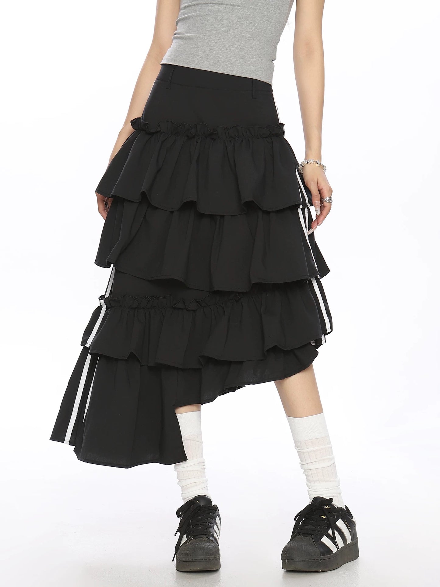 BIGGOLD skirt women's summer new American retro irregular stripes contrasting design loose cake skirt