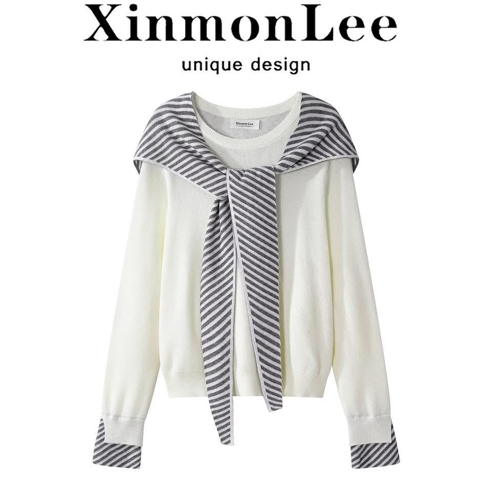 XinmonLee's unique and stunning Korean-style striped patchwork knit cardigan with a youthful shawl design, perfect for autumn and winter as a two-piece T-shirt for a slimming effect.