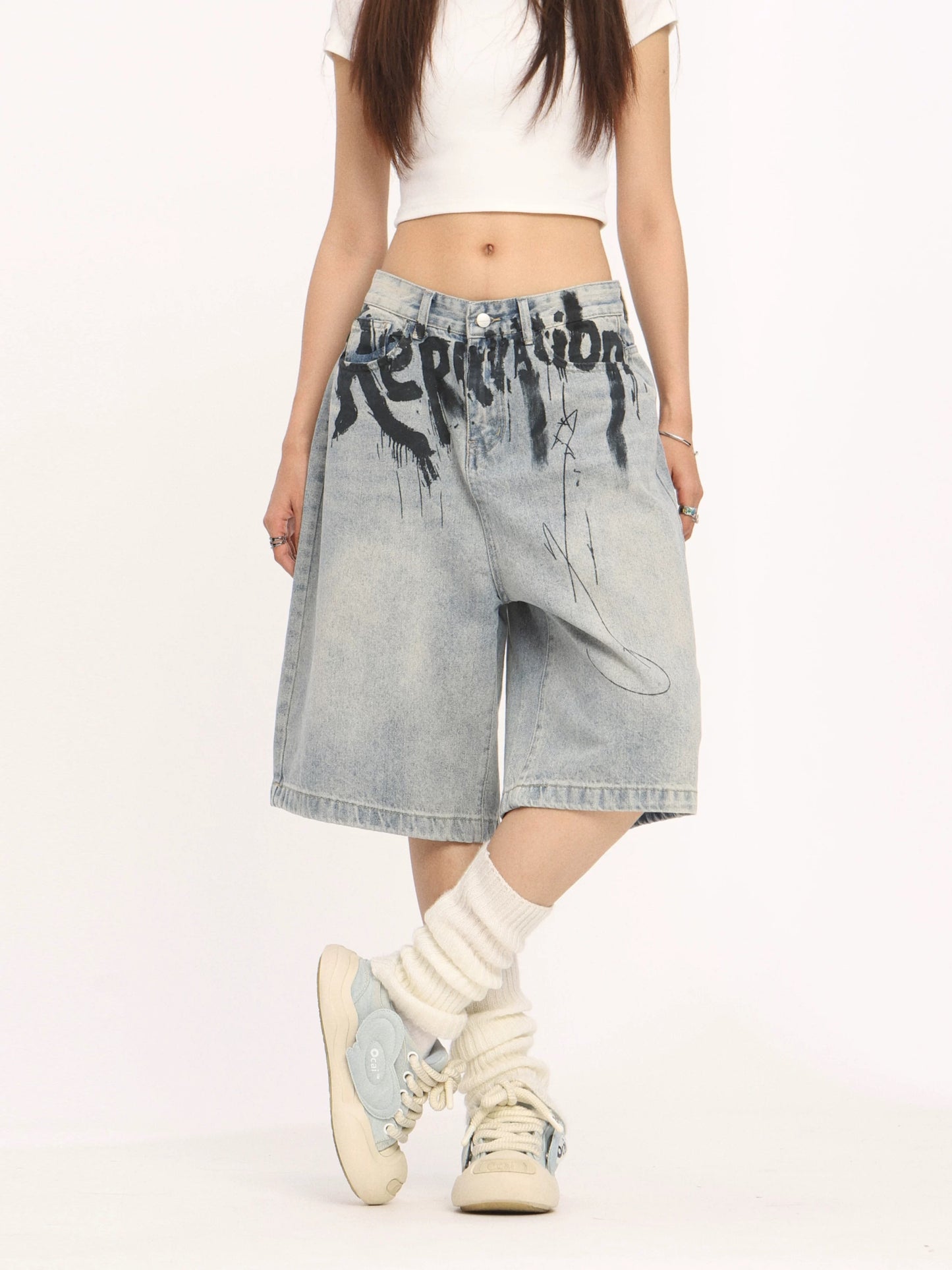 BIGGOLD American high-end ink-sprayed blue jeans niche design straight wide-leg cropped pants