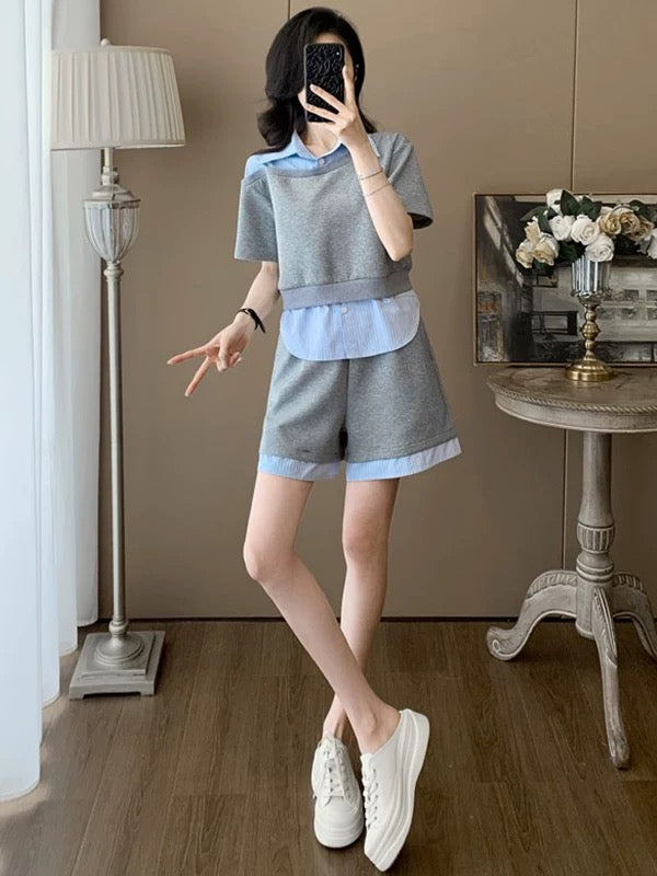 Summer fashion age-reducing leisure sports suit for women design fake two-piece gray short-sleeved top and shorts two-piece suit