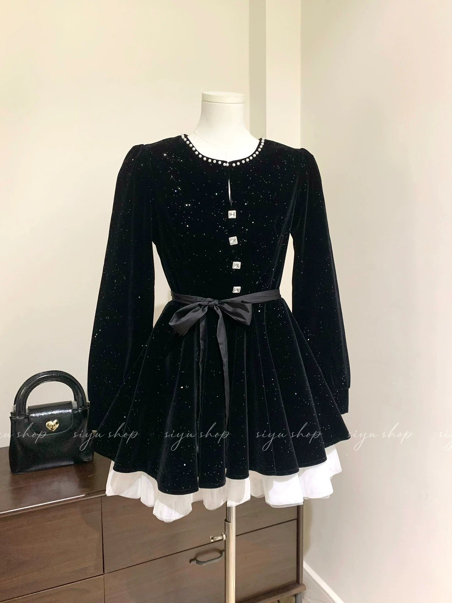 Pearl Starry Night Custom-Made Sparkling Velvet Multi-Layer Tulle Dress with Beaded Skirt