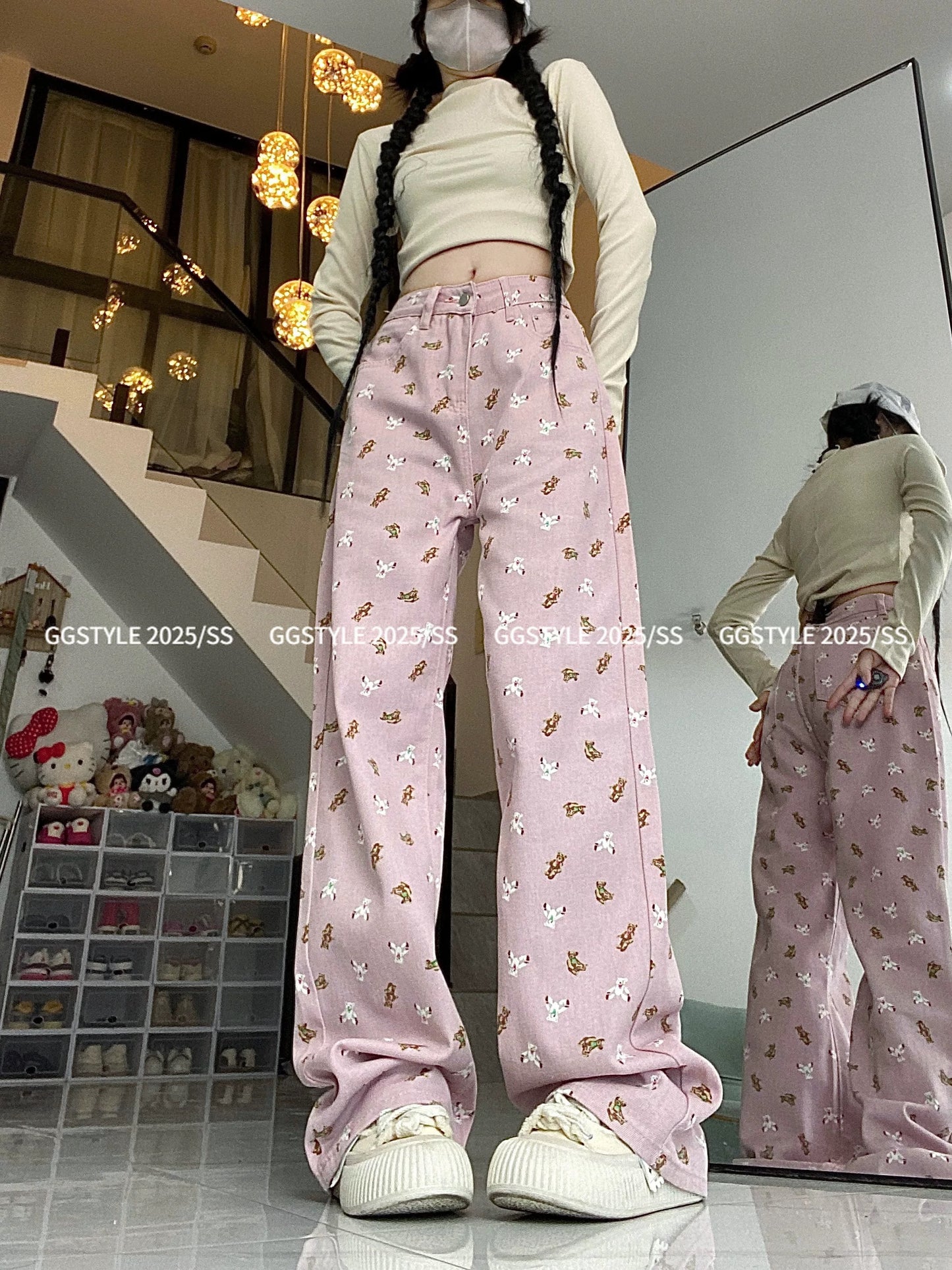 Korean version of sweet pink bear print jeans for women spring petite slim straight wide-leg casual trousers trendy