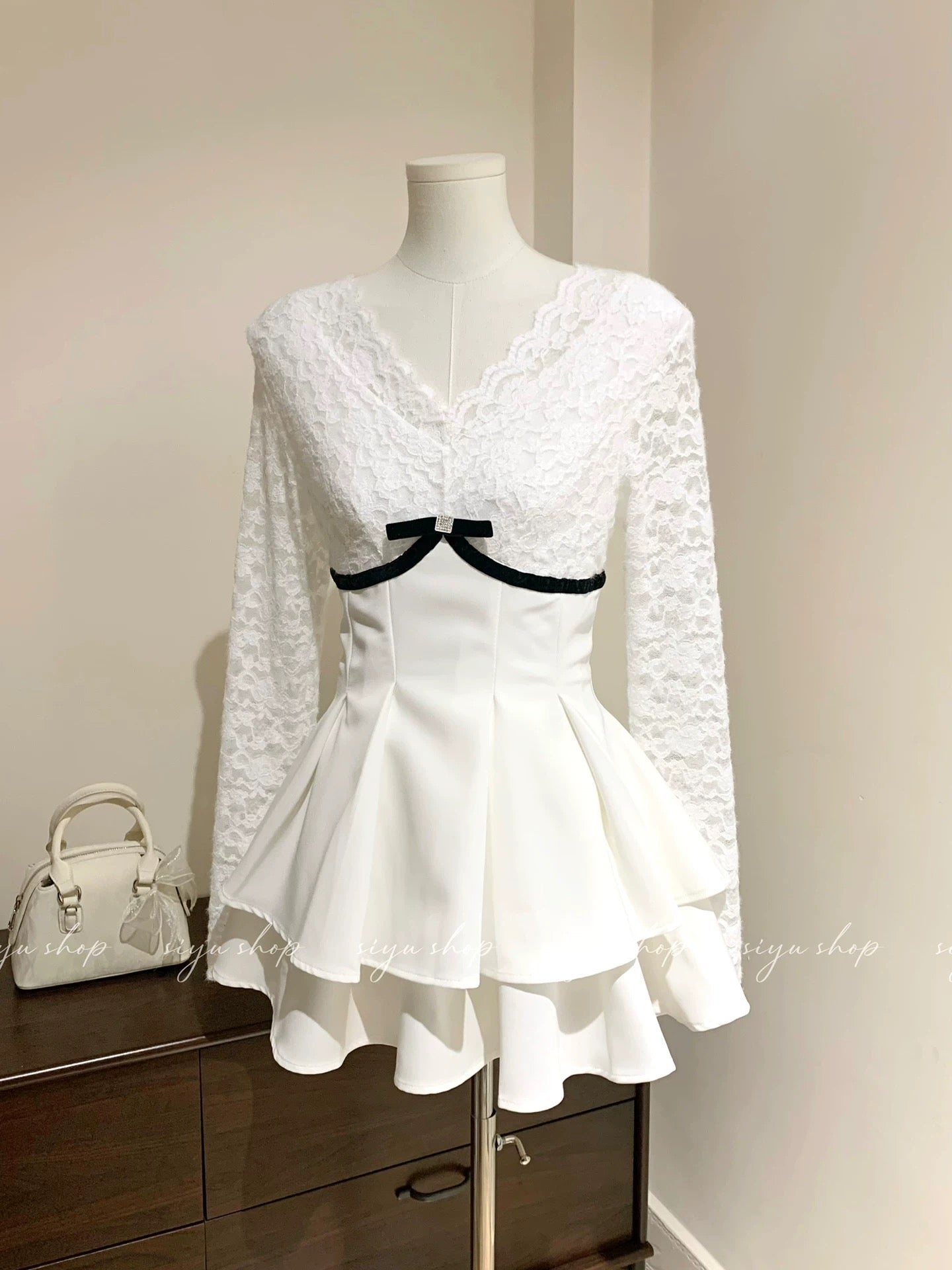 Miss Coco ~ Simple and elegant plush lace patchwork ruffled waist V-neck dress for autumn