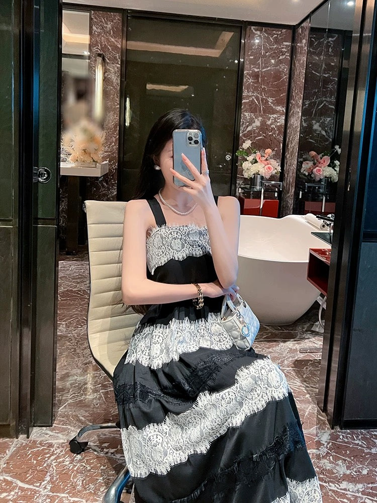 BETTER LS women's 2024 new high-end Hepburn style suspender dress spliced lace French long skirt