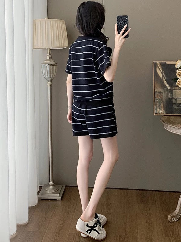 European striped casual sports suit for women 2025 summer fashion age-reducing black short-sleeved T-shirt shorts two-piece suit