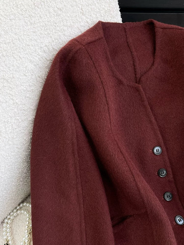 Red double-sided woolen woolen coat for women short style 2024 autumn and winter high-end unique and super good-looking woolen coat