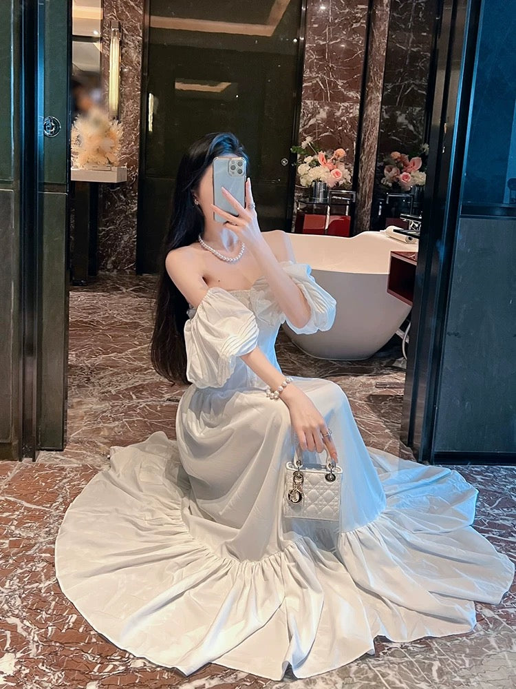 BETTER LS Super Fairy Style Square Neck Puff Sleeve Resort Style Long Dress Gentle Style White Dress for Women Summer