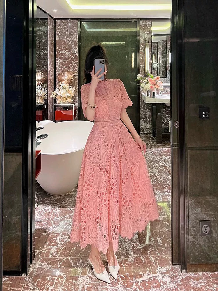 BETTER LS Women's 2024 new summer style palace style French retro hollow lace dress mid-length skirt