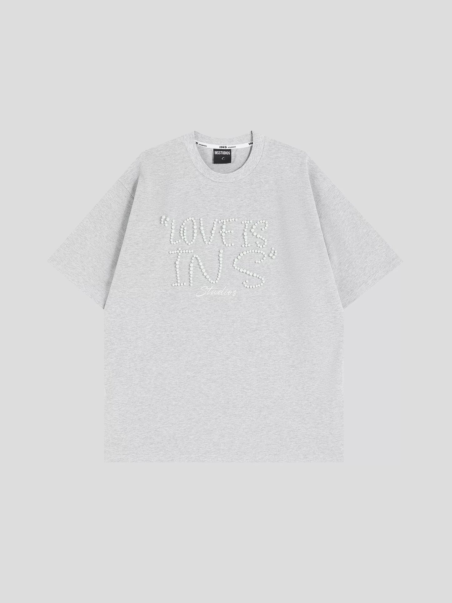 INSstudios Guochao brand couple American pearl typography LOGO short-sleeved loose half-sleeved bottoming shirt T-shirt men