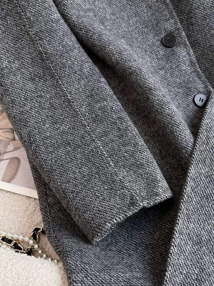 Dark gray double-sided woolen woolen coat for women 2024 autumn and winter temperament Korean style Hepburn style mid-length woolen coat