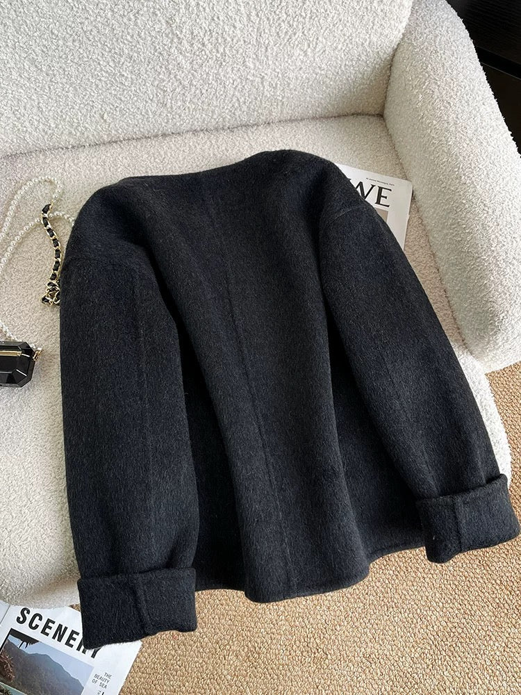 Black double-sided woolen woolen coat for women short style 2024 autumn and winter high-end Korean style small fragrance style woolen coat