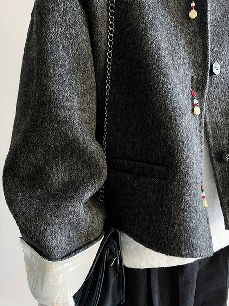 New Chinese style carbon black small fragrance short woolen coat for women 2024 early winter new loose double-sided wool coat