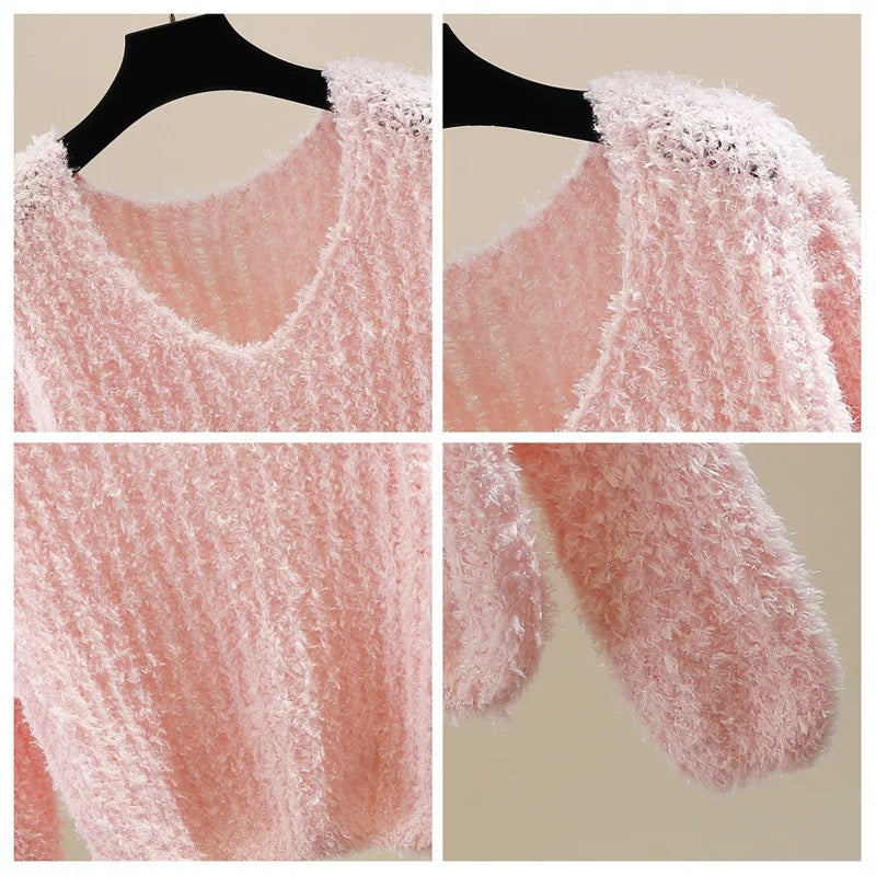 Fashion heavy-duty bright silk plush pullover short soft waxy long-sleeved round neck sweater fashion loose wool top trend