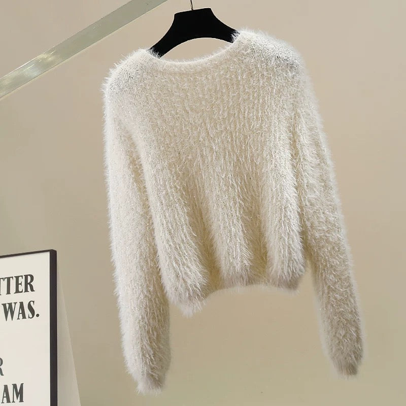 New fashion heavy-duty small sequin furry decoration round neck pullover sweater design all-match temperament top trend
