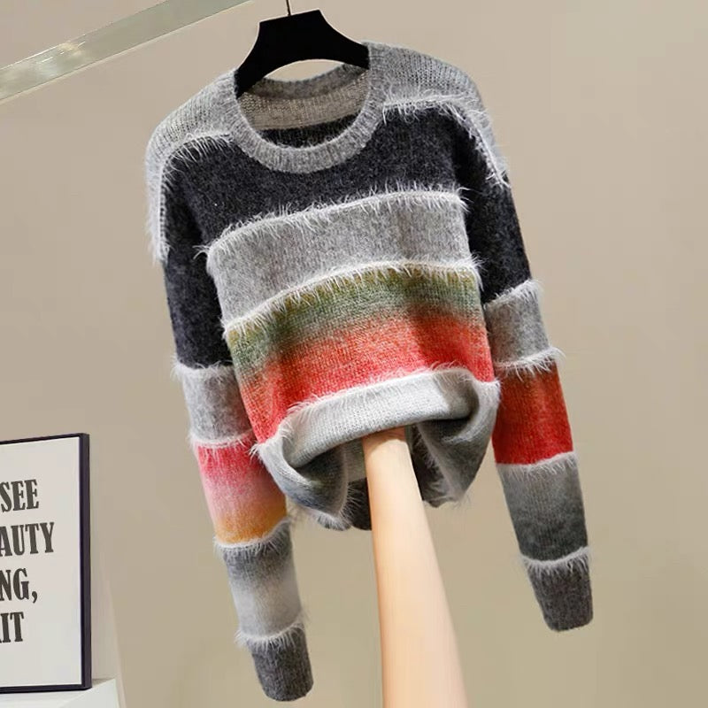 Fashionable contrast color striped fur design round neck pullover long sleeve knitted sweater for women loose versatile temperament top