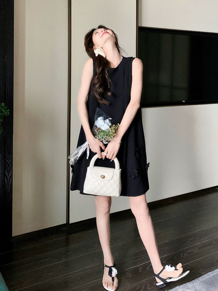 Black sleeveless vest dress for women summer 2024 new style French style high-end sense of gold style miu series a-line skirt