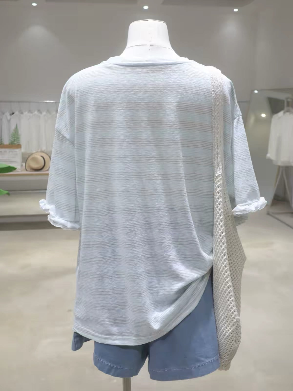 Breathable, Girlish-Style Cartoon Girl Print T-Shirt with Ruffled Sleeves – Summer 2026 Loose-Fit Pure Cotton Fine-Stripe Short-Sleeve Tee for Women