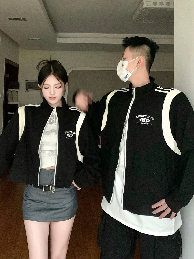 American retro baseball uniform spring and autumn new loose and versatile black and white color matching jacket couple wear one long and one short coat