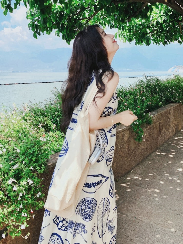 Seaside holiday sleeveless dress for summer outings, French retro literary and artistic lazy style relaxed cotton and linen long skirt