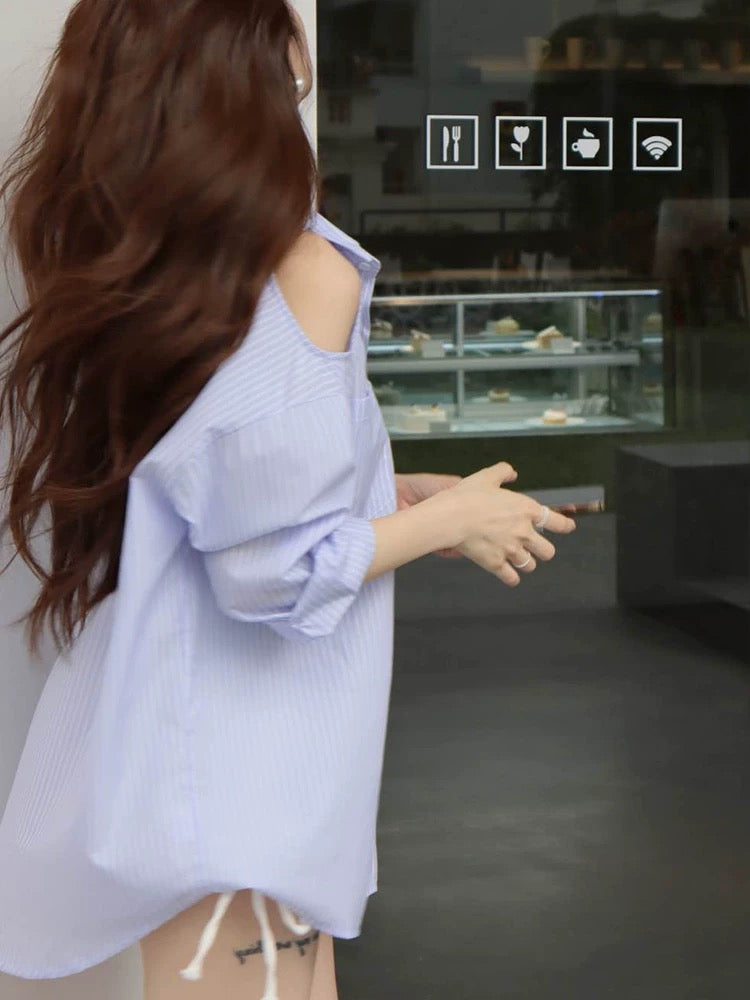 Off-shoulder striped shirt women's tops 2025 spring new design niche fashion sunscreen long-sleeved sexy shirt