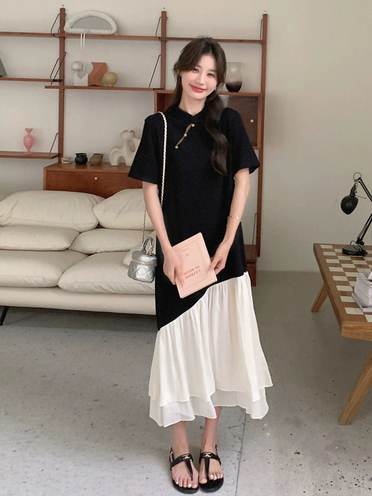 New Chinese style contrasting color splicing dress for women 2024 summer new style high-end slim slimming fishtail long skirt