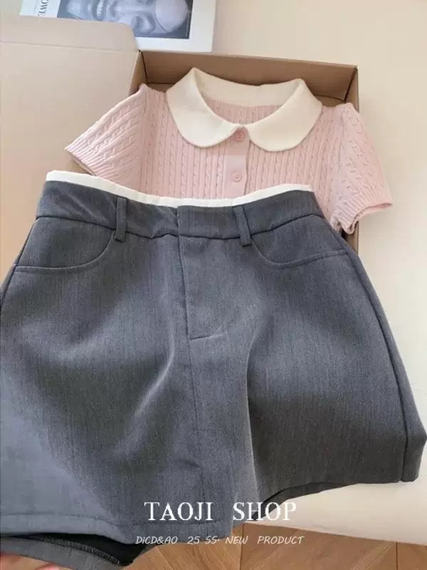 French sweet and gentle pink doll collar knitted short-sleeved T-shirt for women in summer new slim fit and temperament top