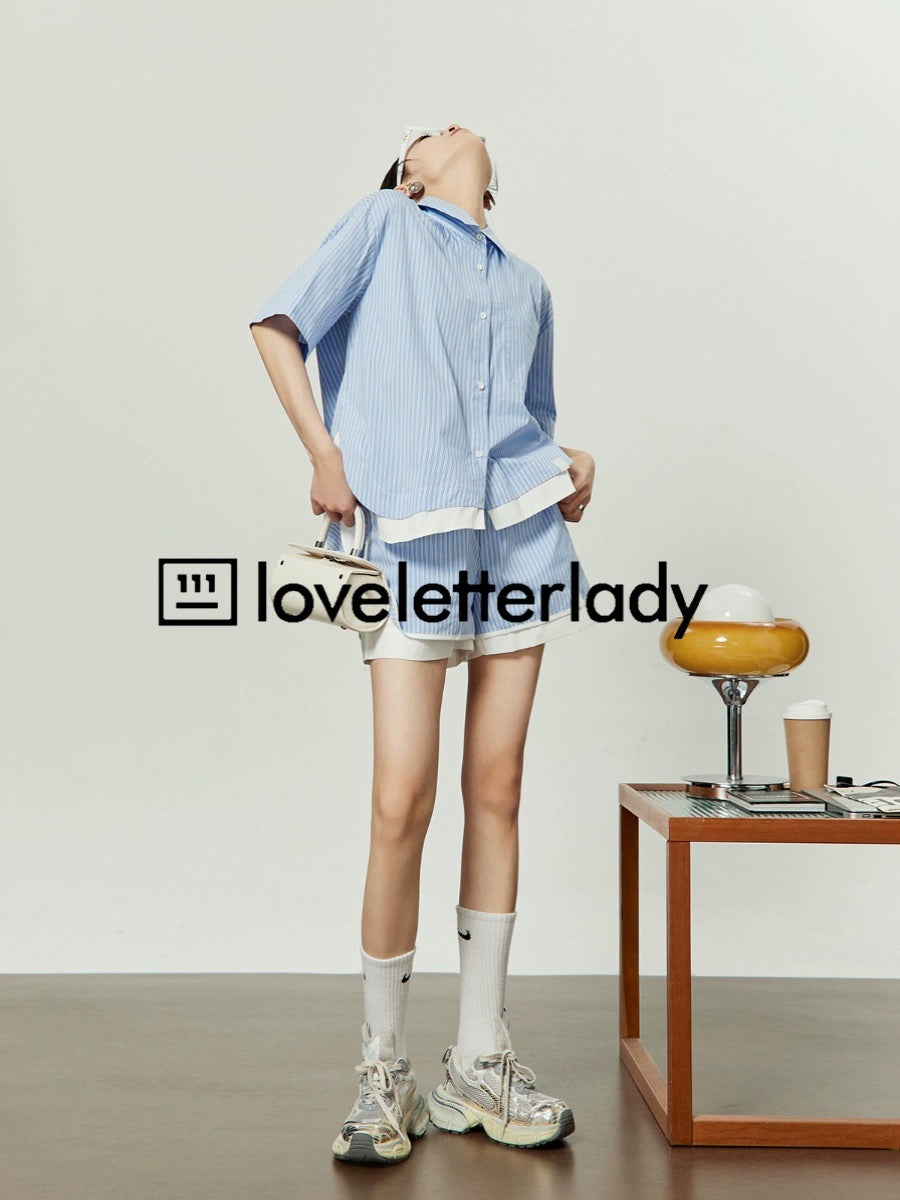 Zhou Liwu/Blue and white splicing striped suit 2024 new summer lapel shirt shorts design two-piece set