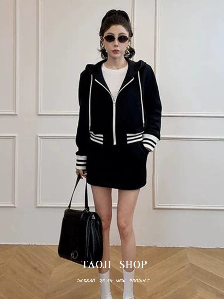 Fashion suit for women, new Korean style, spring casual sports hooded sweater, short jacket, anti-exposure short skirt, two-piece suit