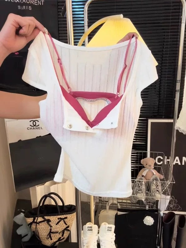 Pure desire hot girl blouse inner wear two-piece suit female spring and summer with chest pad beautiful back short-sleeved T-shirt button short top