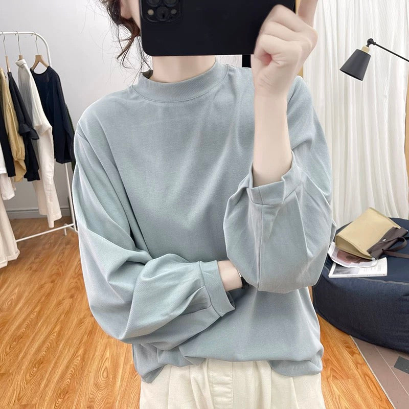Autumn and winter boutique thickened half-high collar lantern sleeve long-sleeved T-shirt women 2023 Korean loose top T-shirt sweatshirt