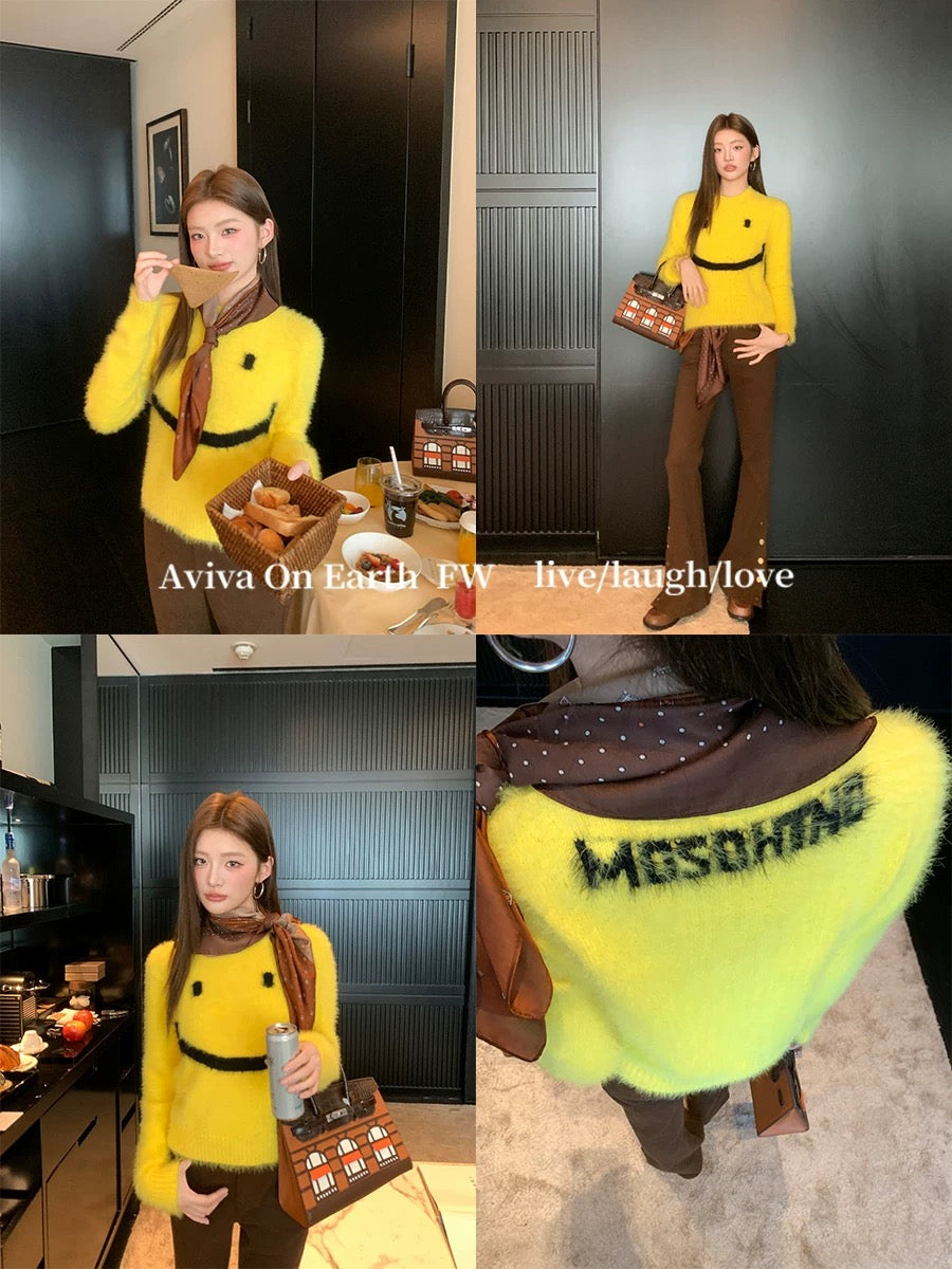 Earth Store soft and lazy style imitation mink jacquard sweater autumn and winter high-end loose round neck sweater top for women