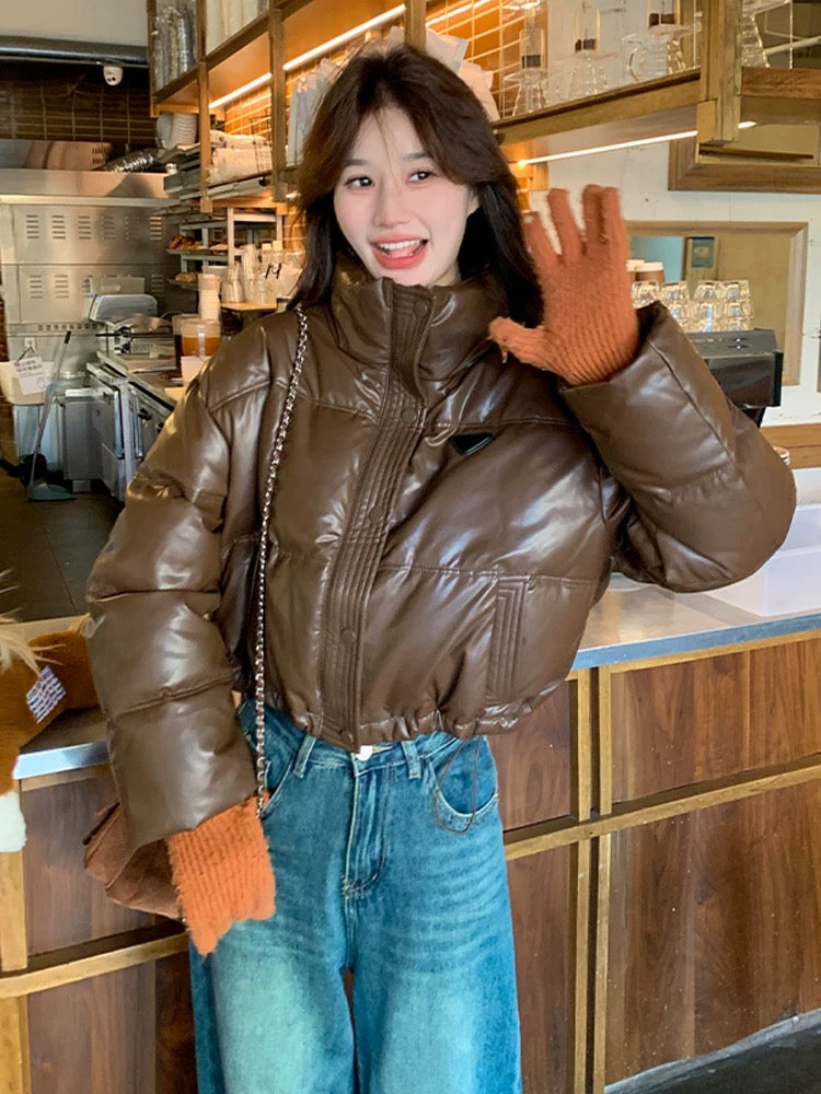 Coffee Maillard PU leather down jacket women's short 2024 winter new style thickened age-reducing short fried street bread jacket