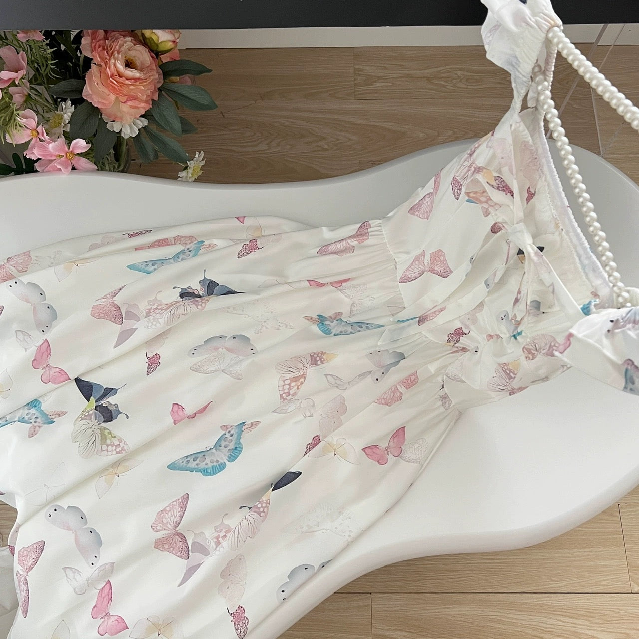 Youni Watercolor White Gardenia/French Temperament Suspender Long Skirt Women's Summer New Butterfly Print Waist Dress