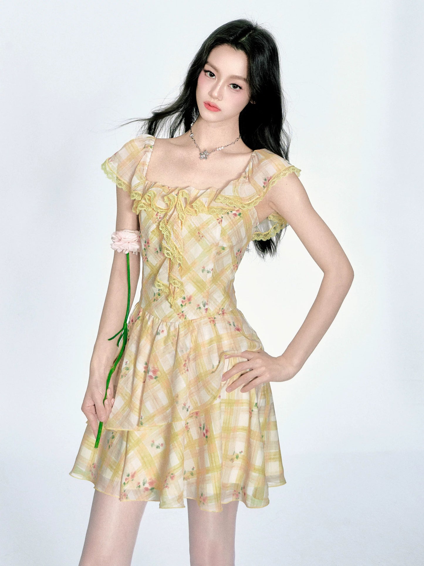 【4/23new】Fragile Store·French ruffled floral plaid dress romantic holiday style dress