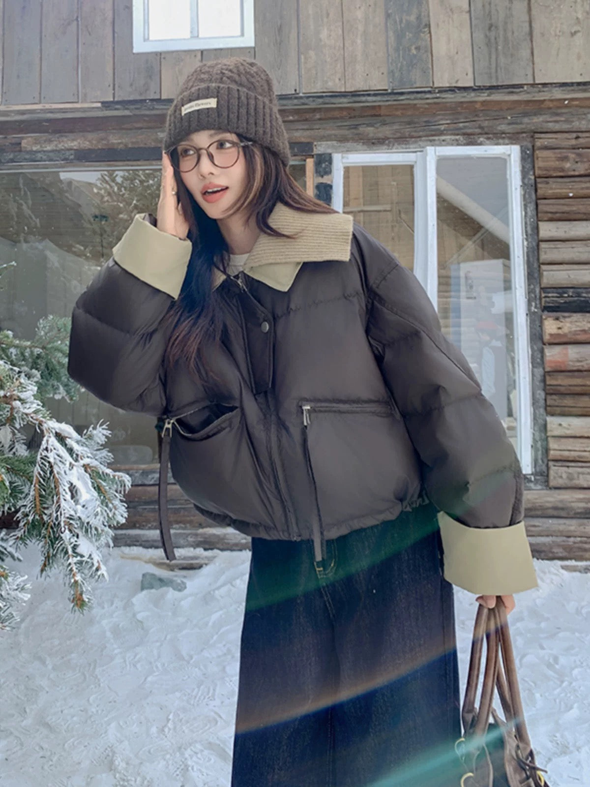 Maillard high-end knitted patchwork lapel down jacket for women 2024 winter new style small contrast white duck down jacket