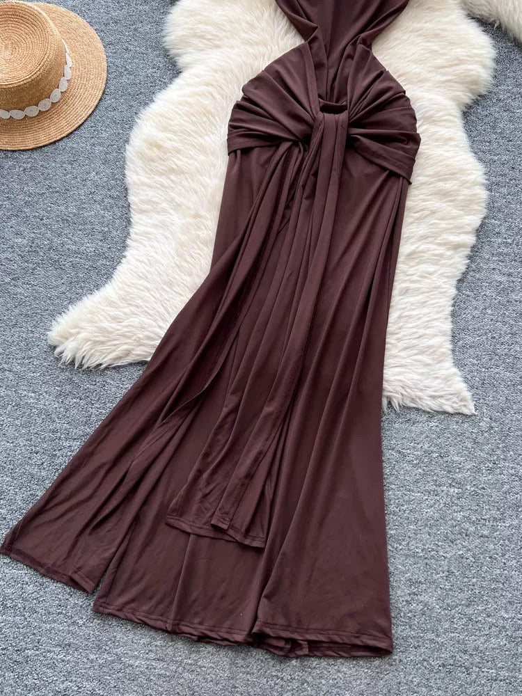 European and American minimalist sleeveless dress for women, summer style, knotted ribbon, slim fit, high-end design, mature and elegant long dress.