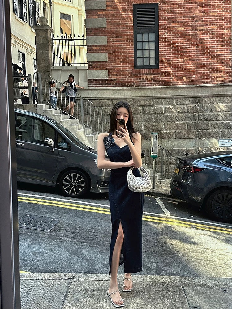 ZQ Ziqing's "Hong Kong Rose" 3D Floral Backless Denim Dress - New Summer Style, Slim Fit Long Dress