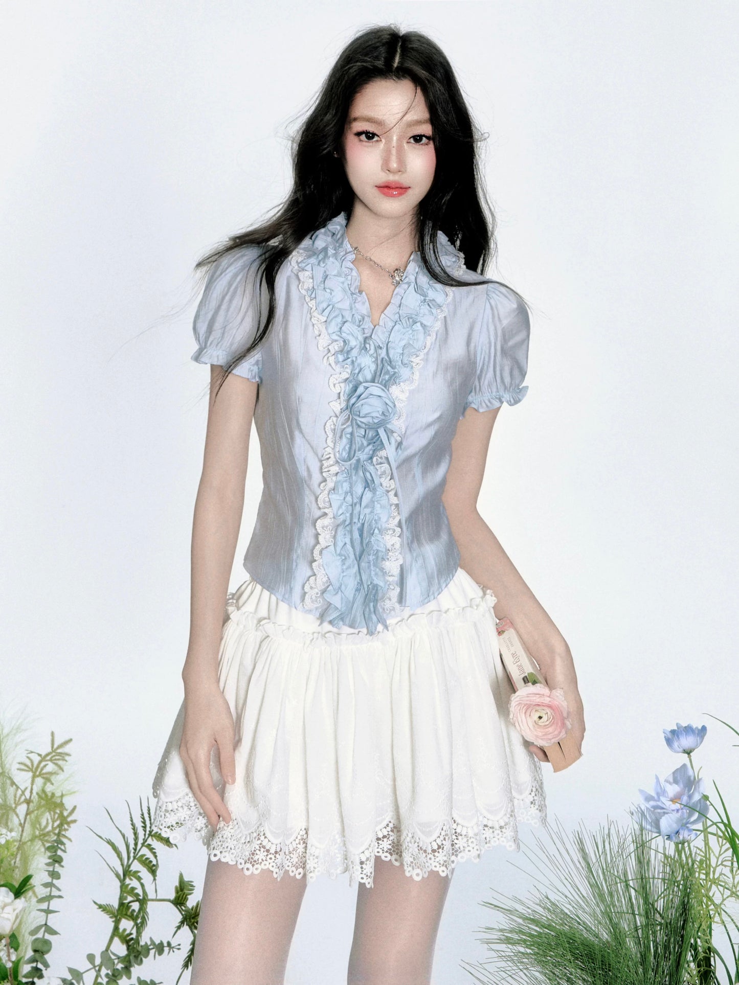 Fragileheart Fragile Store · Mist Girl Gray Blue French Pleated Flower Shirt Puff Sleeve Top